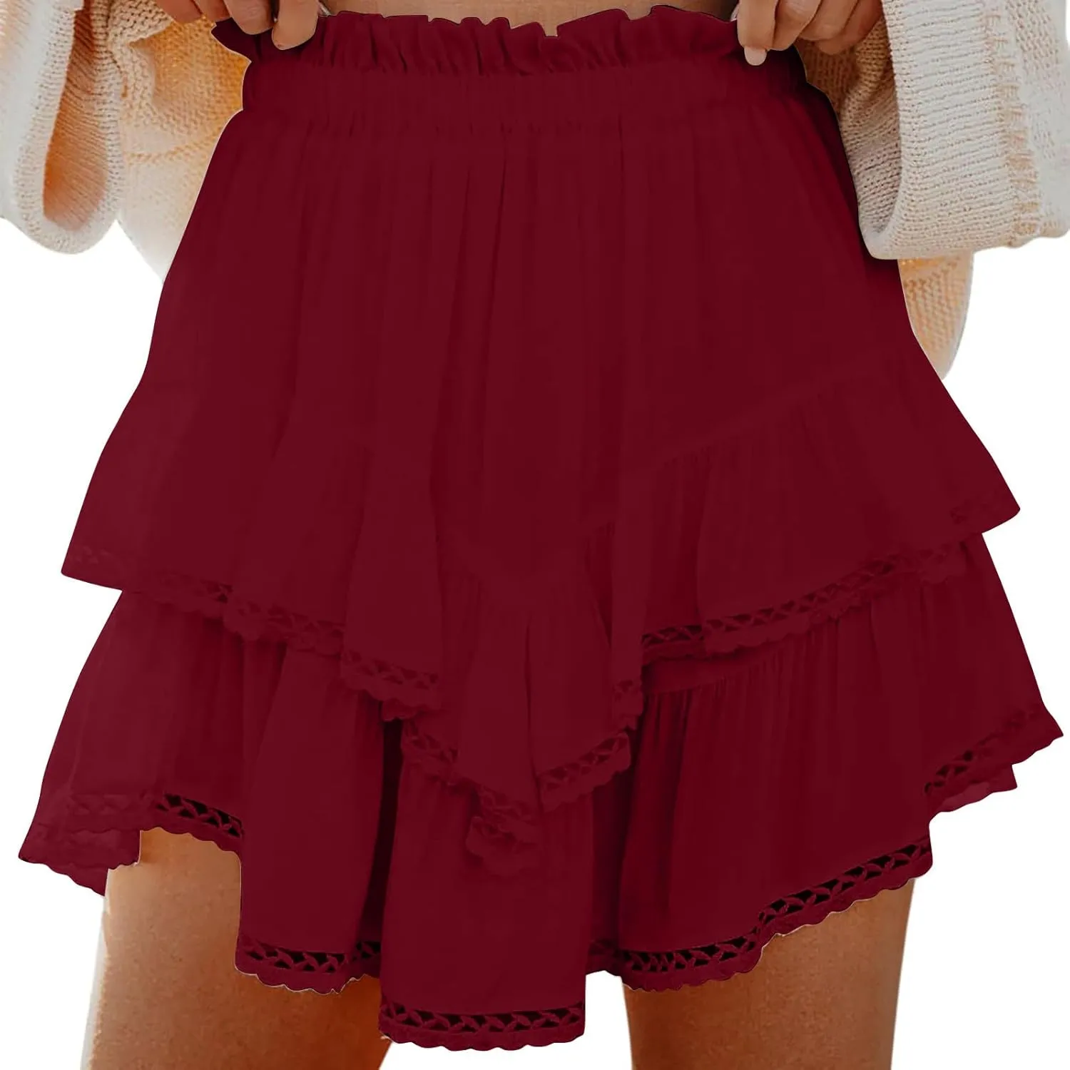 Women's Skirt Solid Color Mesh Layered Stylish Mini Shorts Elegant High Waisted Casual Skirt with Sheer Overlay