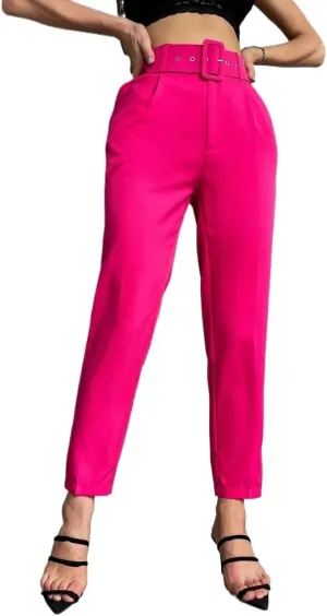 Womens Solid Belted Tapered Pants Zipper Long Pant Trousers For Women