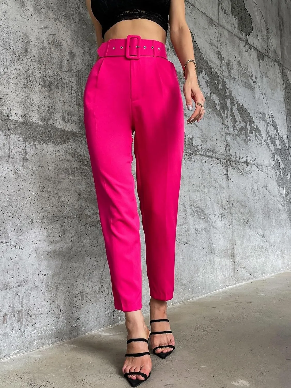 Womens Solid Belted Tapered Pants Zipper Long Pant Trousers For Women