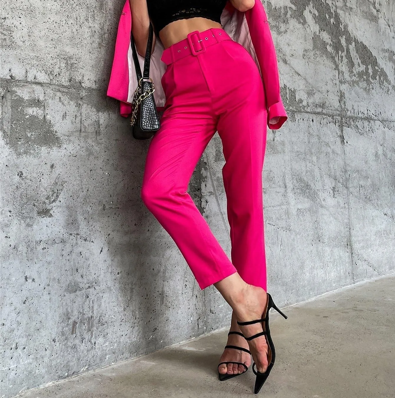 Womens Solid Belted Tapered Pants Zipper Long Pant Trousers For Women