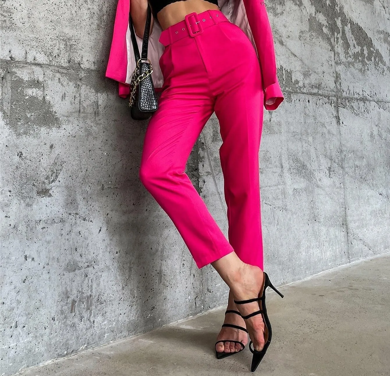 Womens Solid Belted Tapered Pants Zipper Long Pant Trousers For Women
