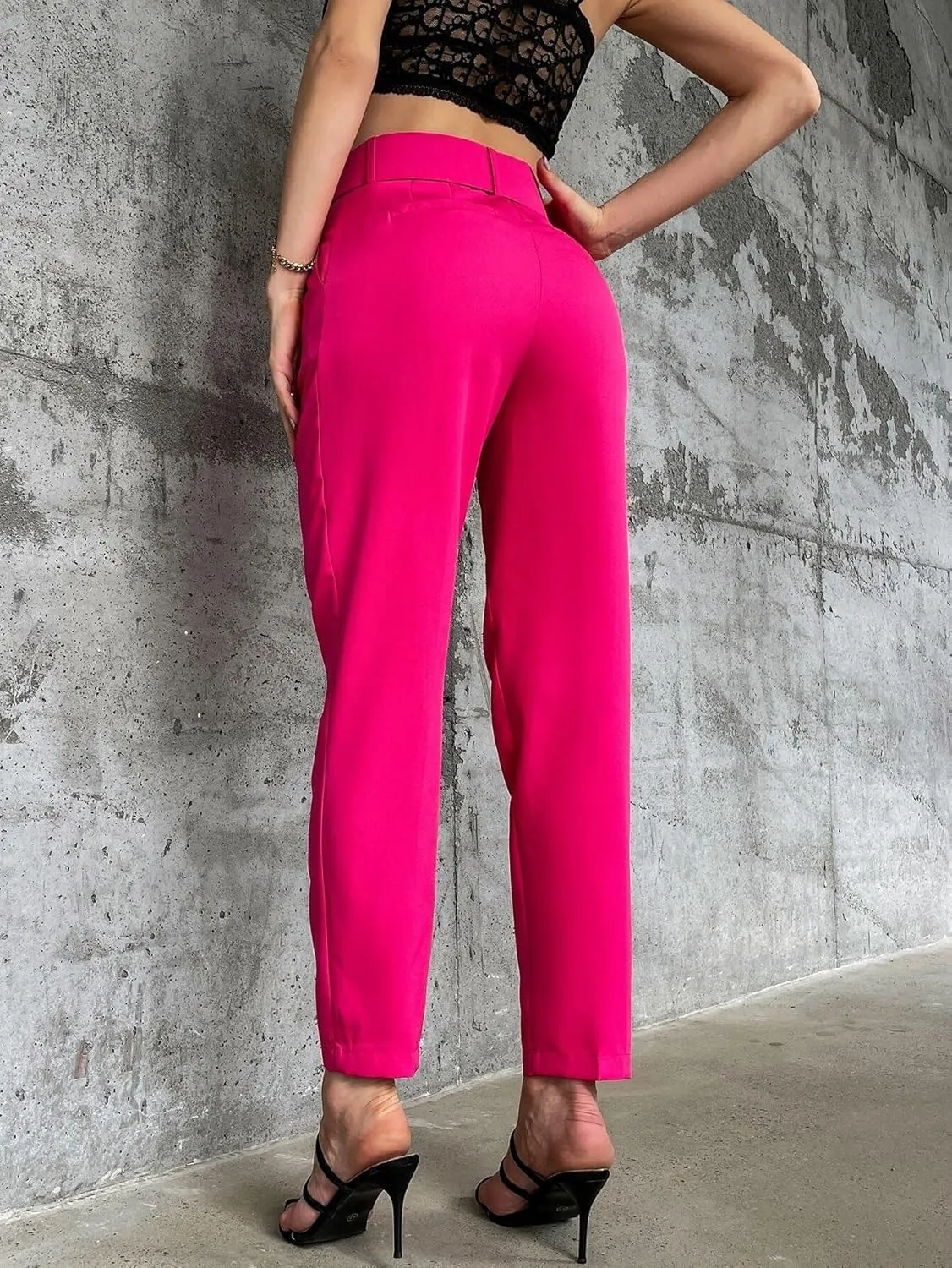 Womens Solid Belted Tapered Pants Zipper Long Pant Trousers For Women