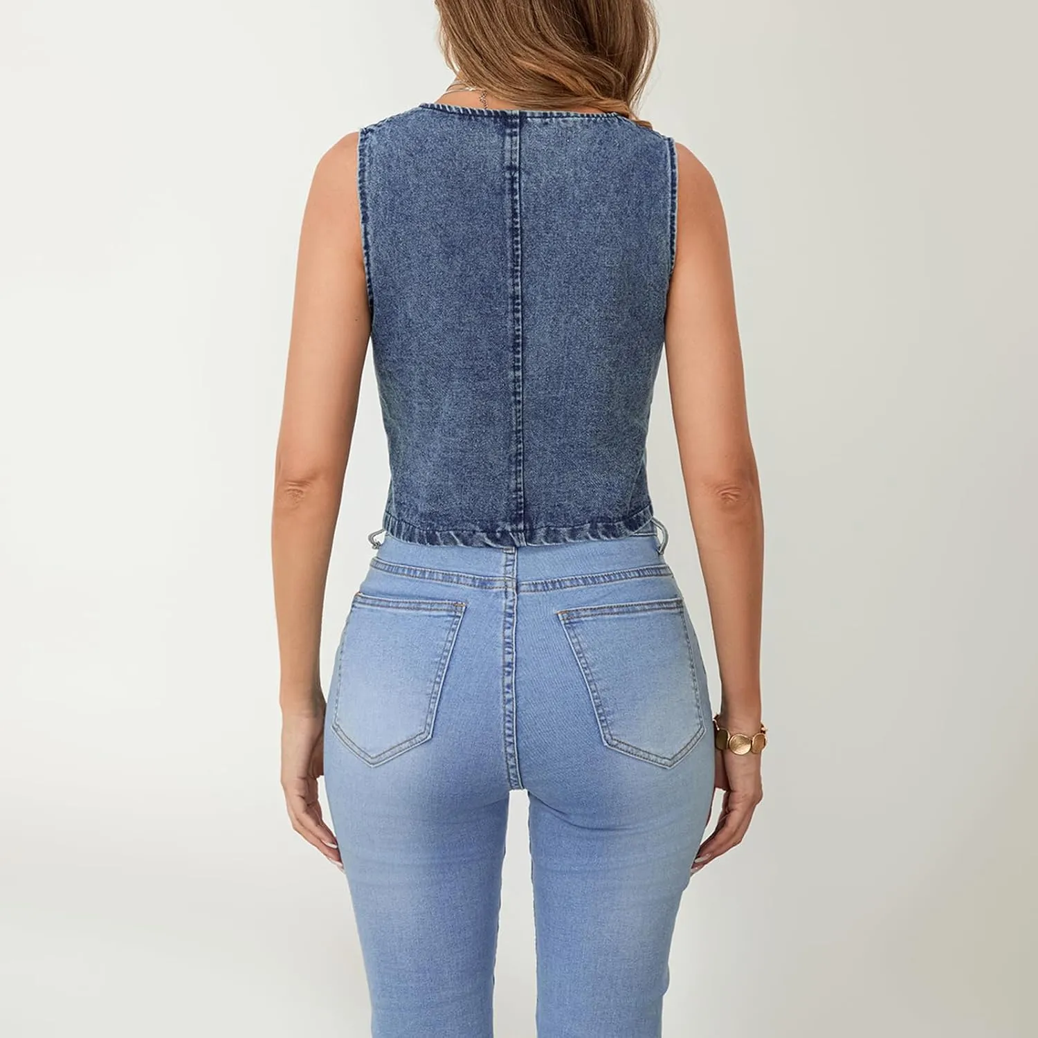 Women's Summer Denim Tank Tops Solid Color Sleeveless V-Neck Button Front Slim Vest Waistcoat Jackets