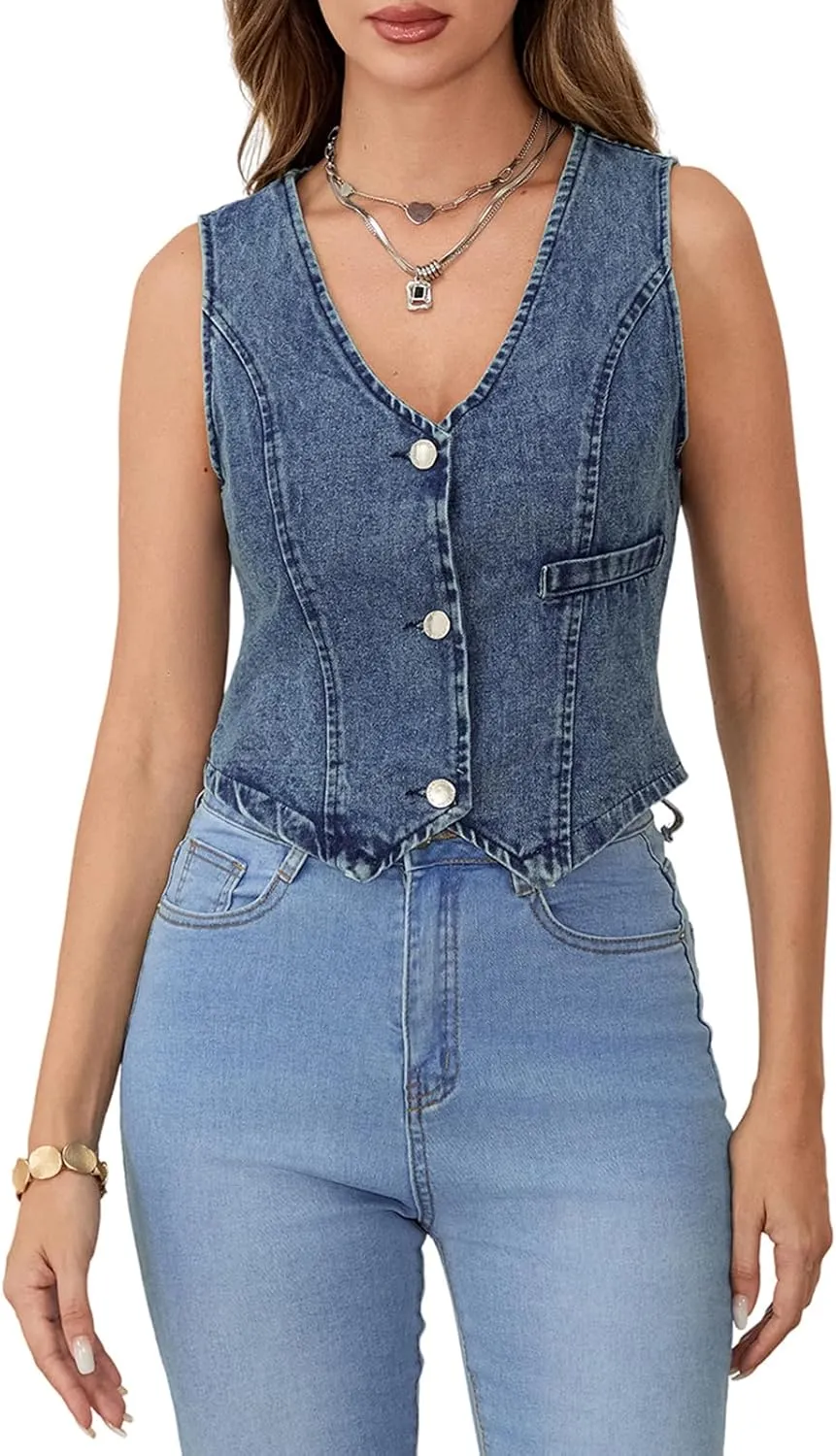 Women's Summer Denim Tank Tops Solid Color Sleeveless V-Neck Button Front Slim Vest Waistcoat Jackets