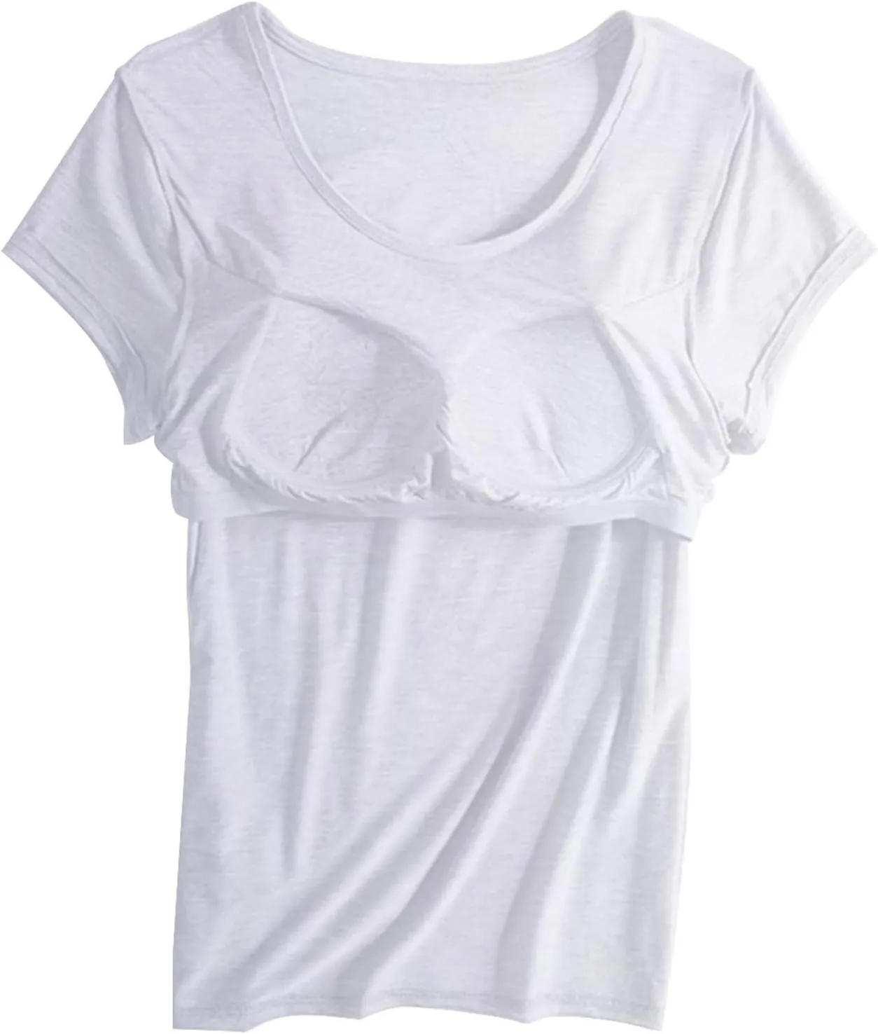Womens Tops 2025 Summer Casual Short Sleeve T Shirts with Built in Bra Plus Size Basic Solid Yoga Athletic Tees Shirts