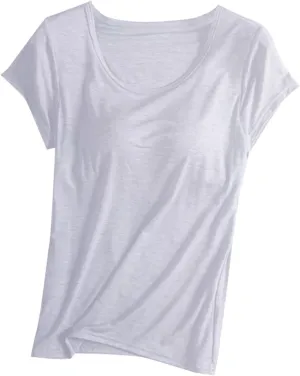 Womens Tops 2025 Summer Casual Short Sleeve T Shirts with Built in Bra Plus Size Basic Solid Yoga Athletic Tees Shirts