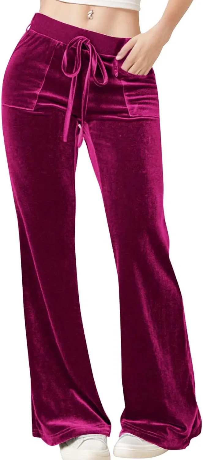 Womens Velvet Pants Low Rise Flare Pants Velour Bell Bottoms Vintage Palazzo Pants with Pockets Trendy Streetwear