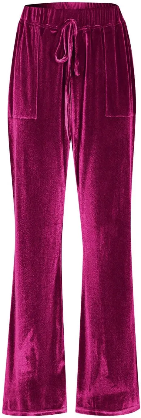 Womens Velvet Pants Low Rise Flare Pants Velour Bell Bottoms Vintage Palazzo Pants with Pockets Trendy Streetwear