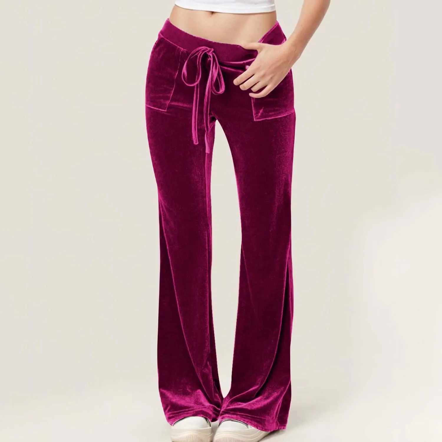 Womens Velvet Pants Low Rise Flare Pants Velour Bell Bottoms Vintage Palazzo Pants with Pockets Trendy Streetwear