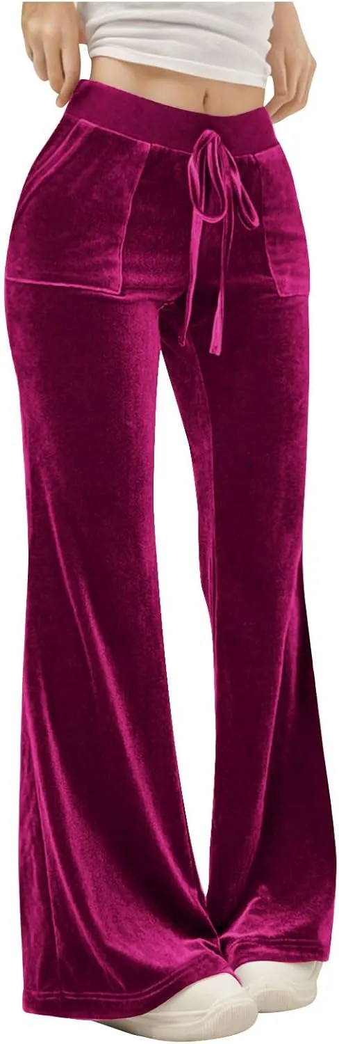 Womens Velvet Pants Low Rise Flare Pants Velour Bell Bottoms Vintage Palazzo Pants with Pockets Trendy Streetwear