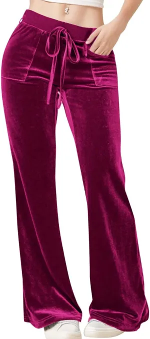 Womens Velvet Pants Low Rise Flare Pants Velour Bell Bottoms Vintage Palazzo Pants with Pockets Trendy Streetwear
