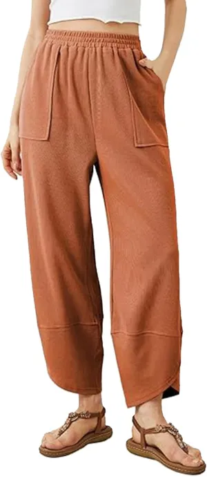 Womens Wide Leg Harem Pants Elastic Waist Solid Color Casual Loose Summer Comfy Palazzo Lounge Baggy Sweatpants with Pockets