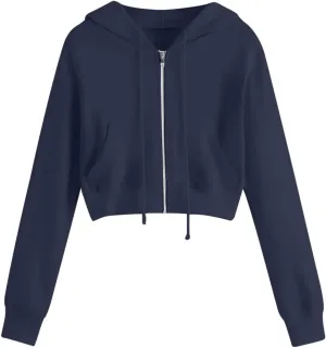 Women's Zip Up Cropped Hoodie Long Sleeve Drawstring Sweatshirts Casual Slim Fit Solid Color Crop Tops with Pocket