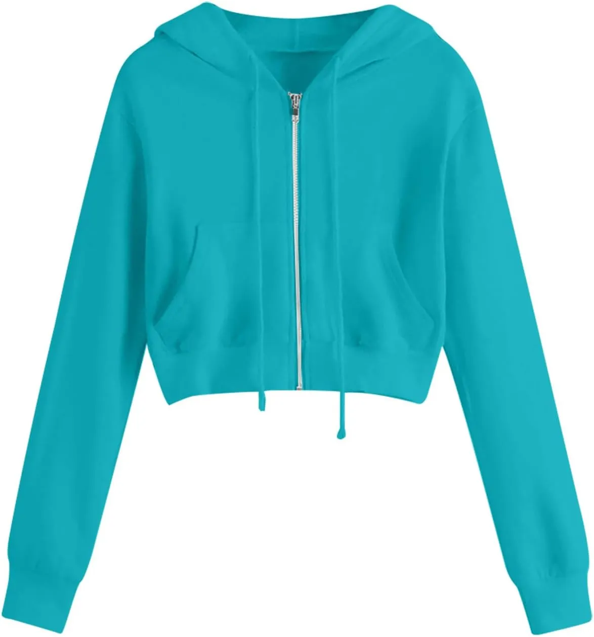 Women's Zip Up Cropped Hoodie Long Sleeve Drawstring Sweatshirts Casual Slim Fit Solid Color Crop Tops with Pocket