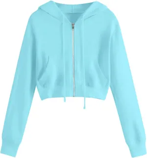 Women's Zip Up Cropped Hoodie Long Sleeve Drawstring Sweatshirts Casual Slim Fit Solid Color Crop Tops with Pocket