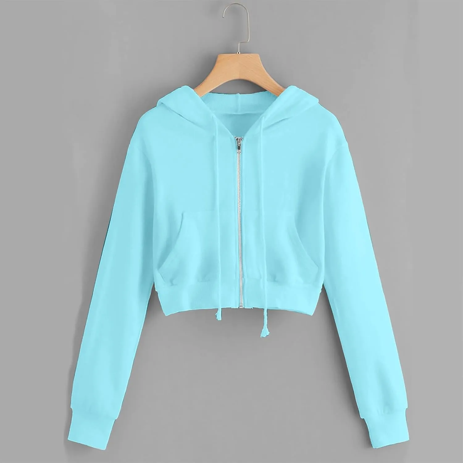 Women's Zip Up Cropped Hoodie Long Sleeve Drawstring Sweatshirts Casual Slim Fit Solid Color Crop Tops with Pocket