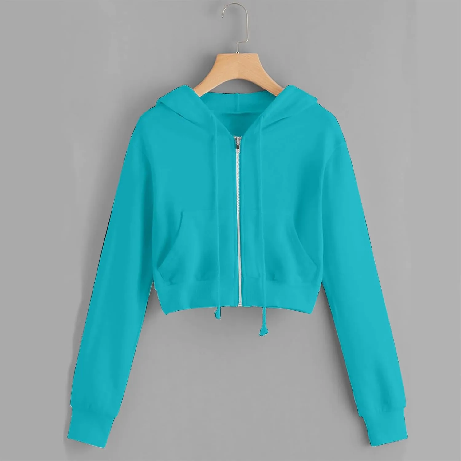 Women's Zip Up Cropped Hoodie Long Sleeve Drawstring Sweatshirts Casual Slim Fit Solid Color Crop Tops with Pocket