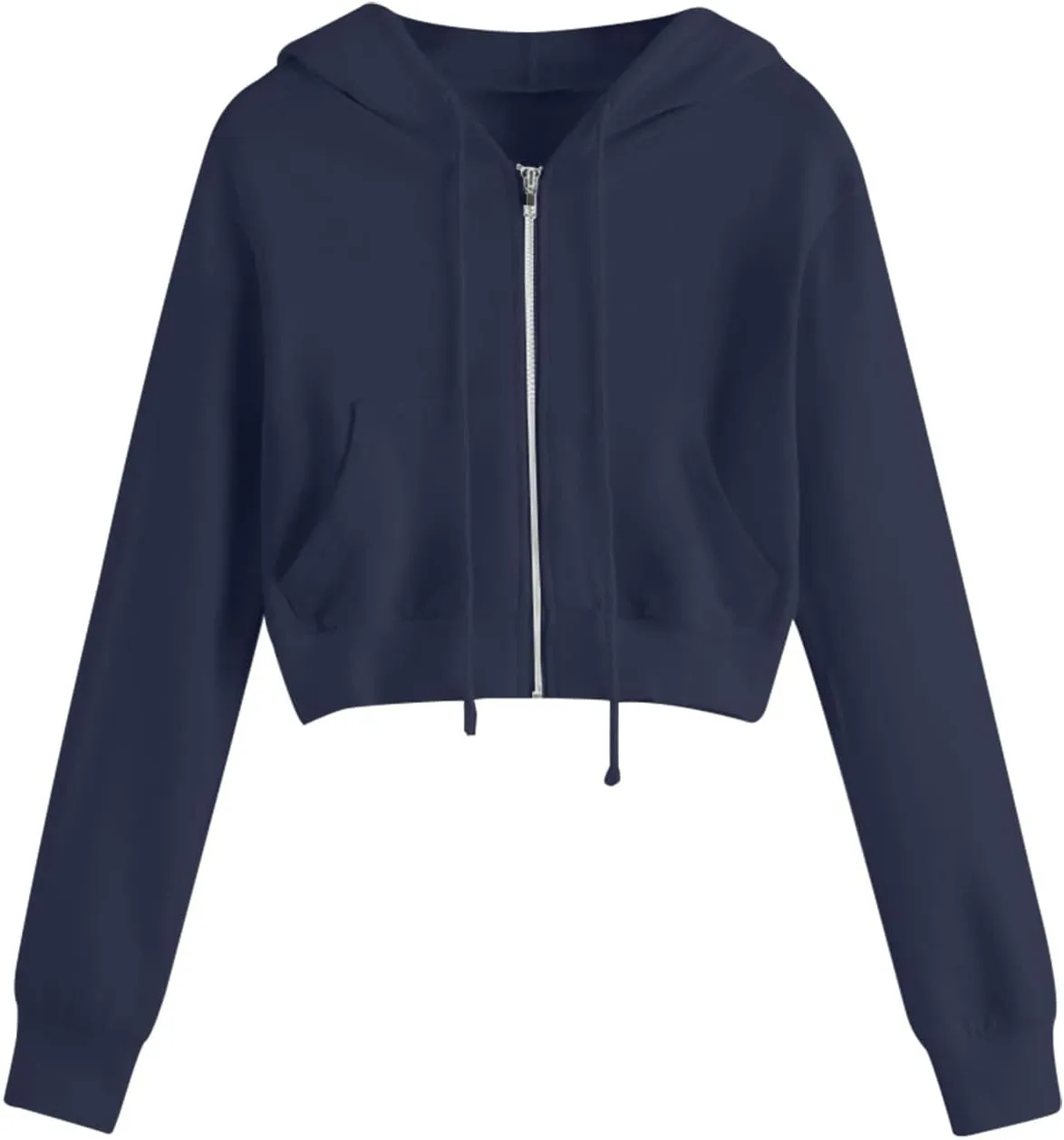 Women's Zip Up Cropped Hoodie Long Sleeve Drawstring Sweatshirts Casual Slim Fit Solid Color Crop Tops with Pocket