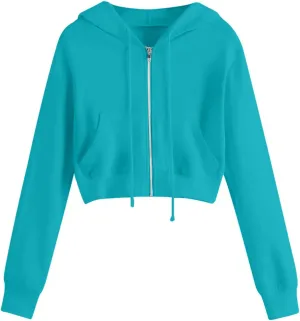 Women's Zip Up Cropped Hoodie Long Sleeve Drawstring Sweatshirts Casual Slim Fit Solid Color Crop Tops with Pocket