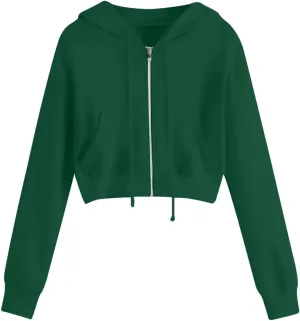 Women's Zip Up Cropped Hoodie Long Sleeve Drawstring Sweatshirts Casual Slim Fit Solid Color Crop Tops with Pocket