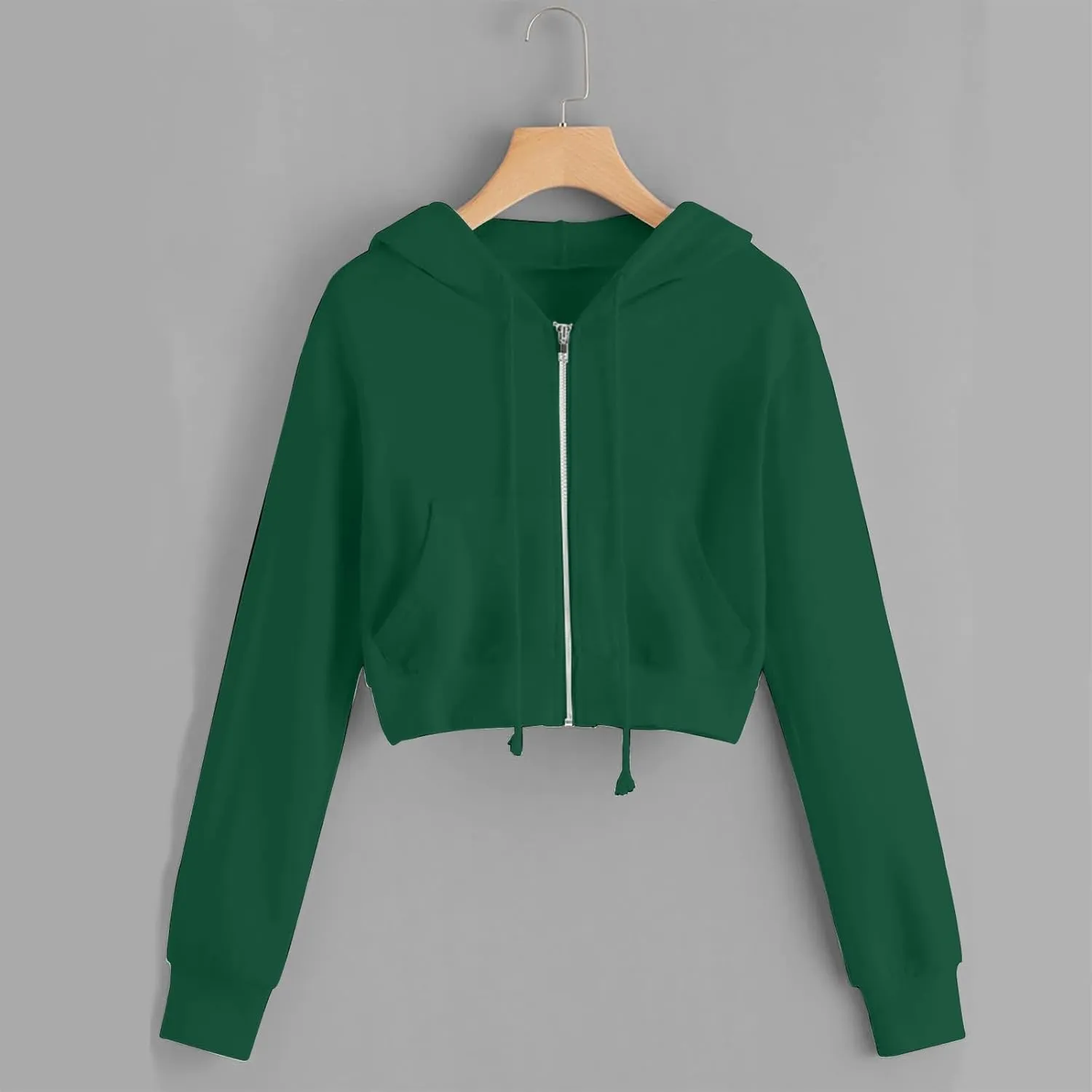 Women's Zip Up Cropped Hoodie Long Sleeve Drawstring Sweatshirts Casual Slim Fit Solid Color Crop Tops with Pocket