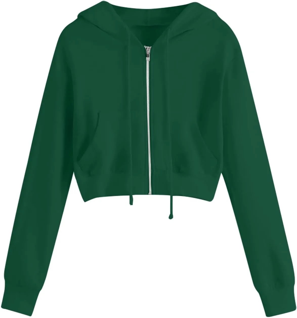 Women's Zip Up Cropped Hoodie Long Sleeve Drawstring Sweatshirts Casual Slim Fit Solid Color Crop Tops with Pocket