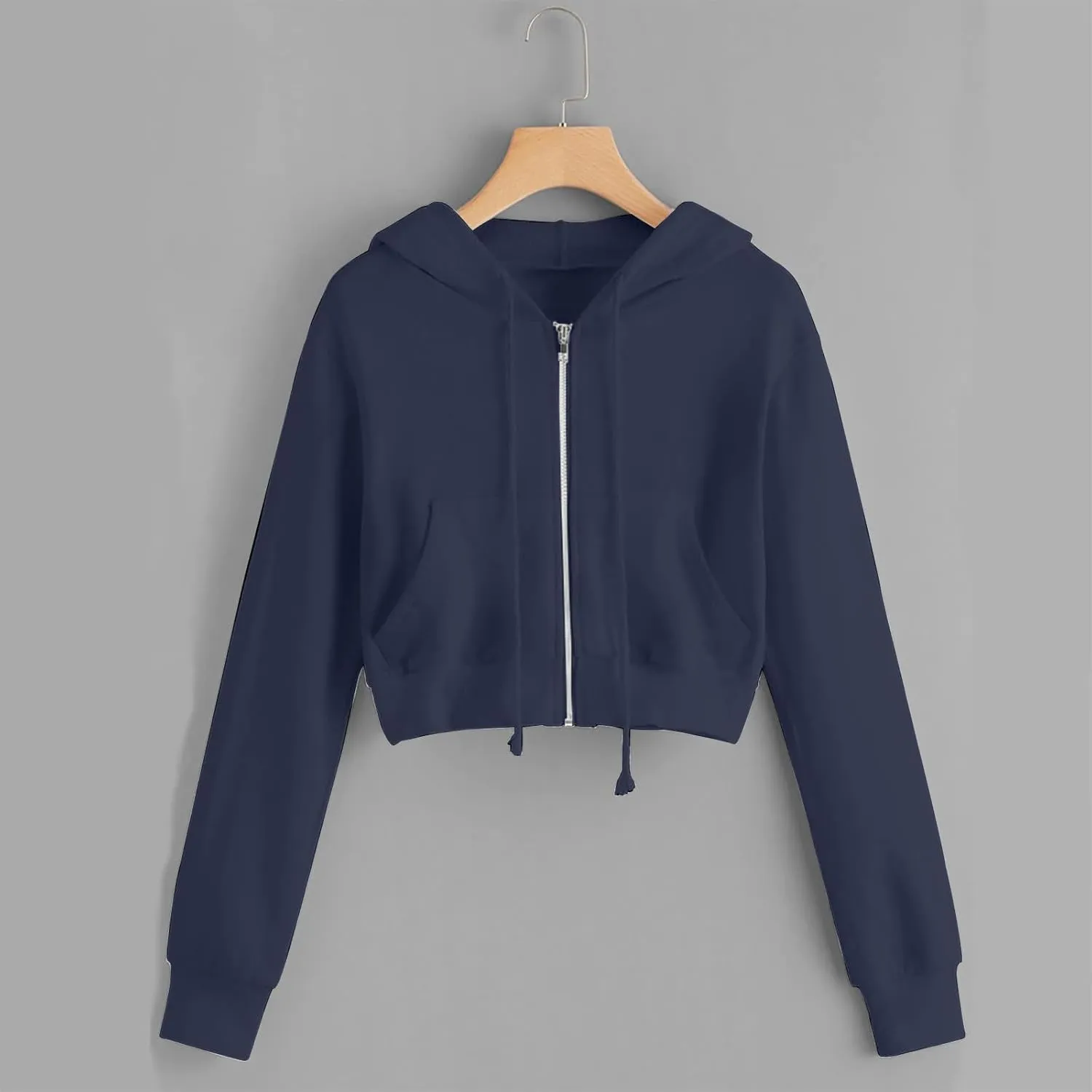 Women's Zip Up Cropped Hoodie Long Sleeve Drawstring Sweatshirts Casual Slim Fit Solid Color Crop Tops with Pocket