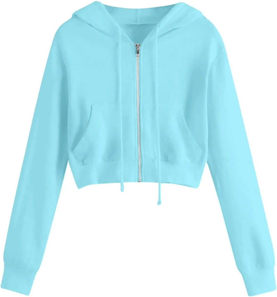 Women's Zip Up Cropped Hoodie Long Sleeve Drawstring Sweatshirts Casual Slim Fit Solid Color Crop Tops with Pocket