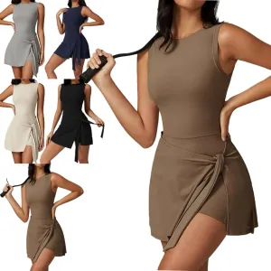 Wrap Sports Dress, Wrap Skort Dress, Womens Sleeveless Workout Athletic Rompers Zipper Back Pocket Short Jumpsuits