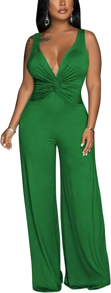 WUSENST Jumpsuits for Women Casual Strapless Strap Sexy V Neck Ruched High Waist Wide Leg Overalls with Pockets