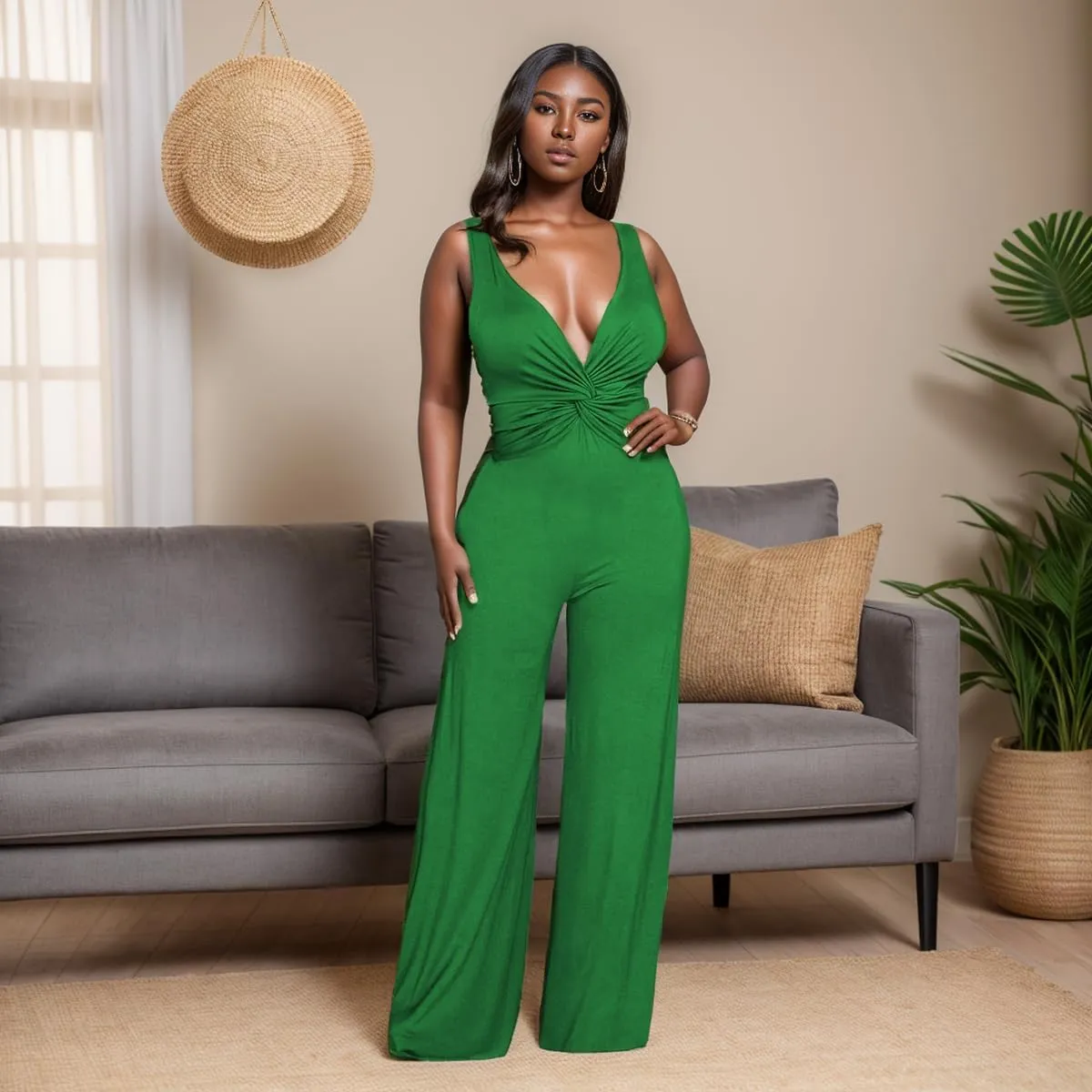 WUSENST Jumpsuits for Women Casual Strapless Strap Sexy V Neck Ruched High Waist Wide Leg Overalls with Pockets