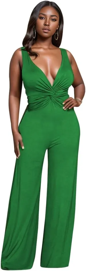 WUSENST Jumpsuits for Women Casual Strapless Strap Sexy V Neck Ruched High Waist Wide Leg Overalls with Pockets