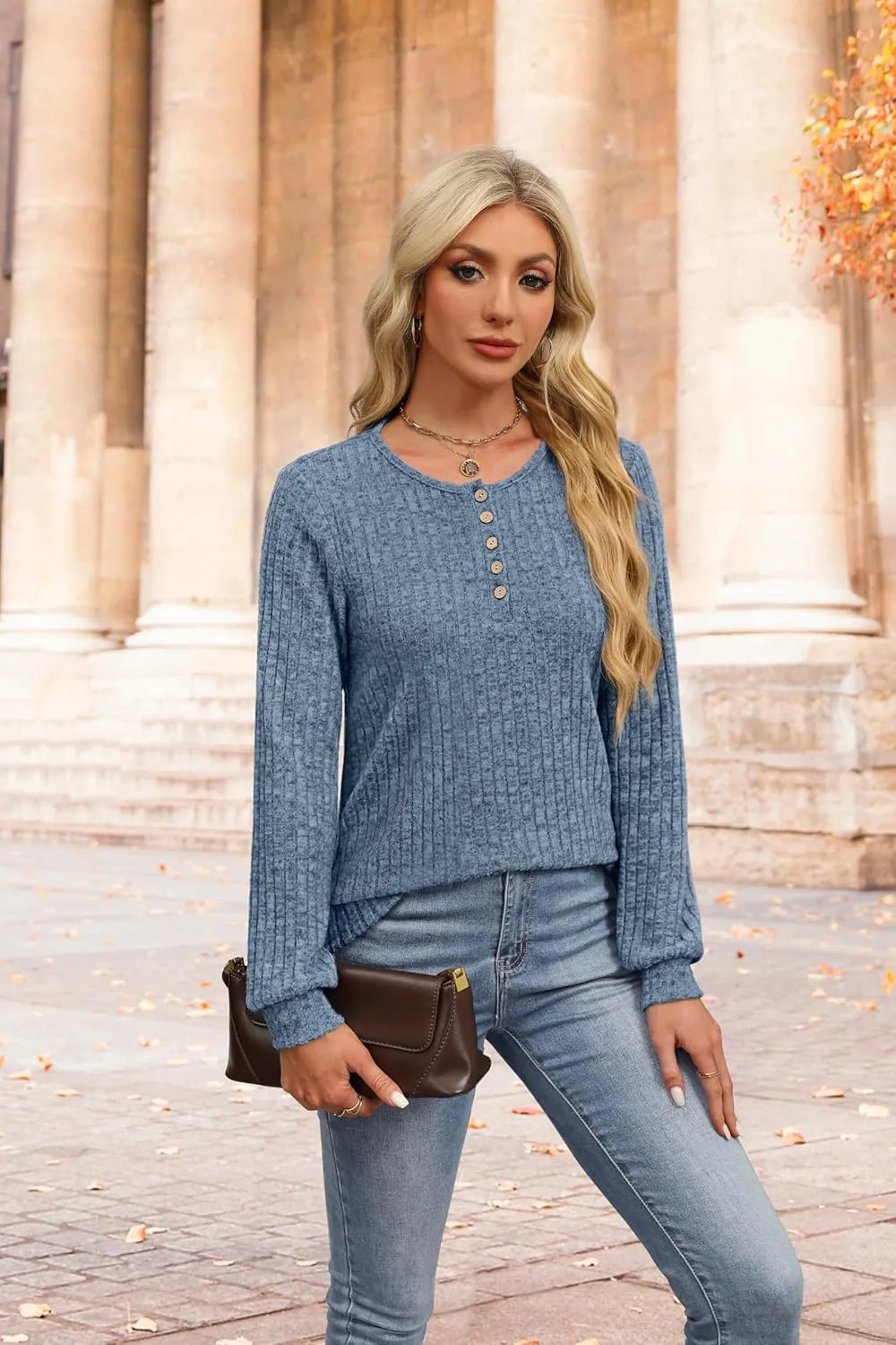 XIEERDUO Sweater for Women Long Sleeve Henley Shirts Tunic Tops to Wear with Leggings crew neck Sweaters Trendy 2024