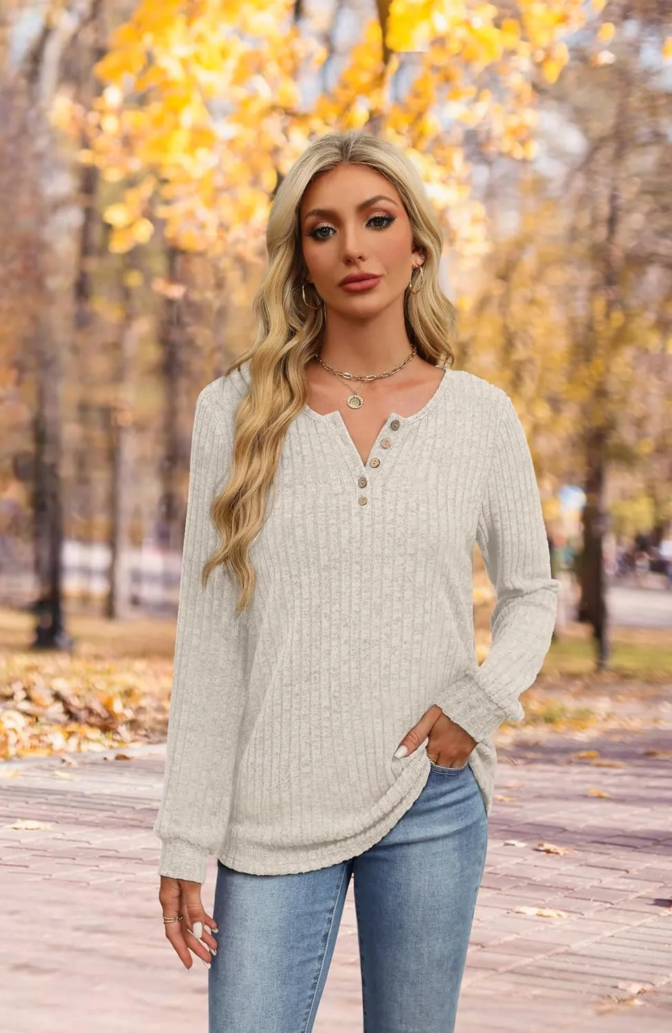 XIEERDUO Sweater for Women Long Sleeve Henley Shirts Tunic Tops to Wear with Leggings crew neck Sweaters Trendy 2024