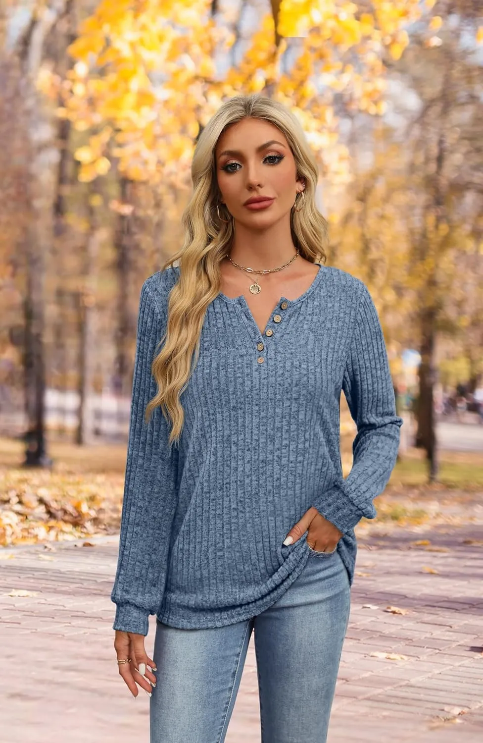 XIEERDUO Sweater for Women Long Sleeve Henley Shirts Tunic Tops to Wear with Leggings crew neck Sweaters Trendy 2024