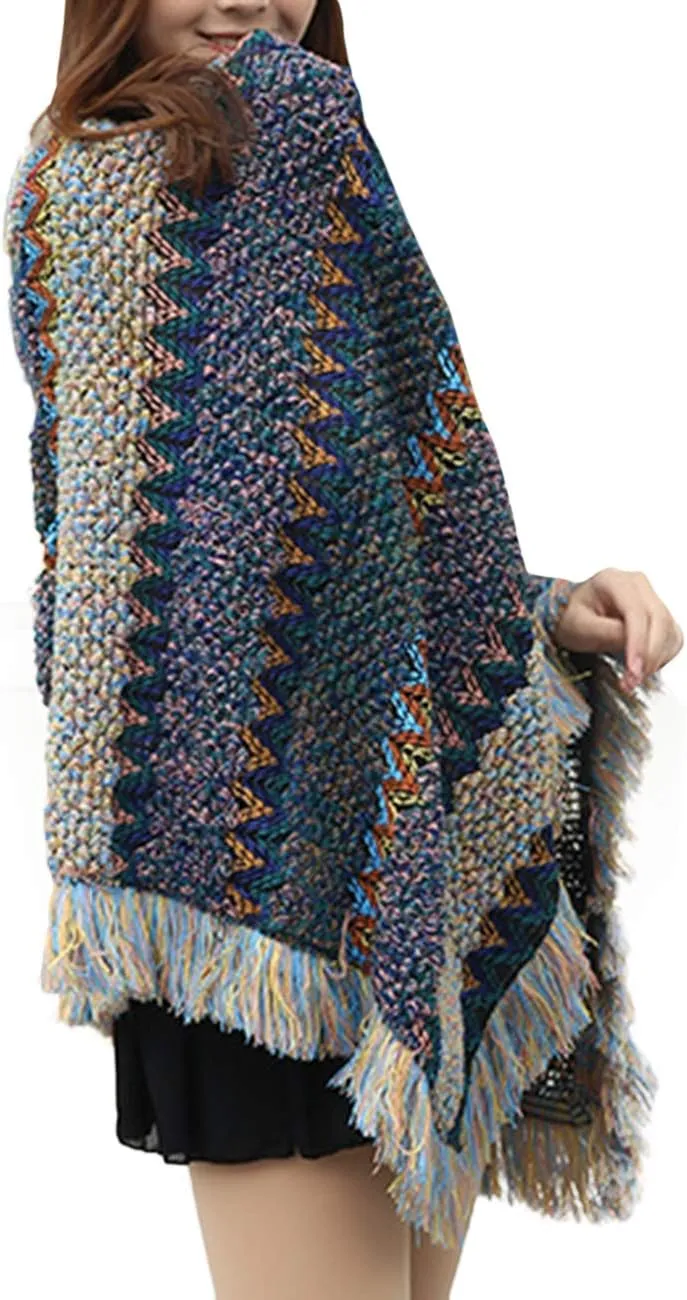 xxxiticat Women's Multi-Way Wearing Fringe Knitting Bohemian Cloak Sweaters Tassel Loose Stripe Jumpers Capes Coats