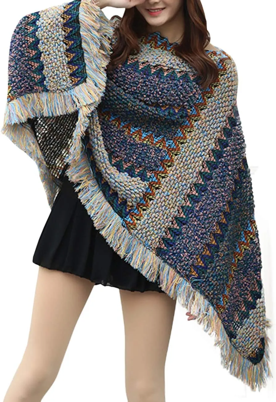 xxxiticat Women's Multi-Way Wearing Fringe Knitting Bohemian Cloak Sweaters Tassel Loose Stripe Jumpers Capes Coats