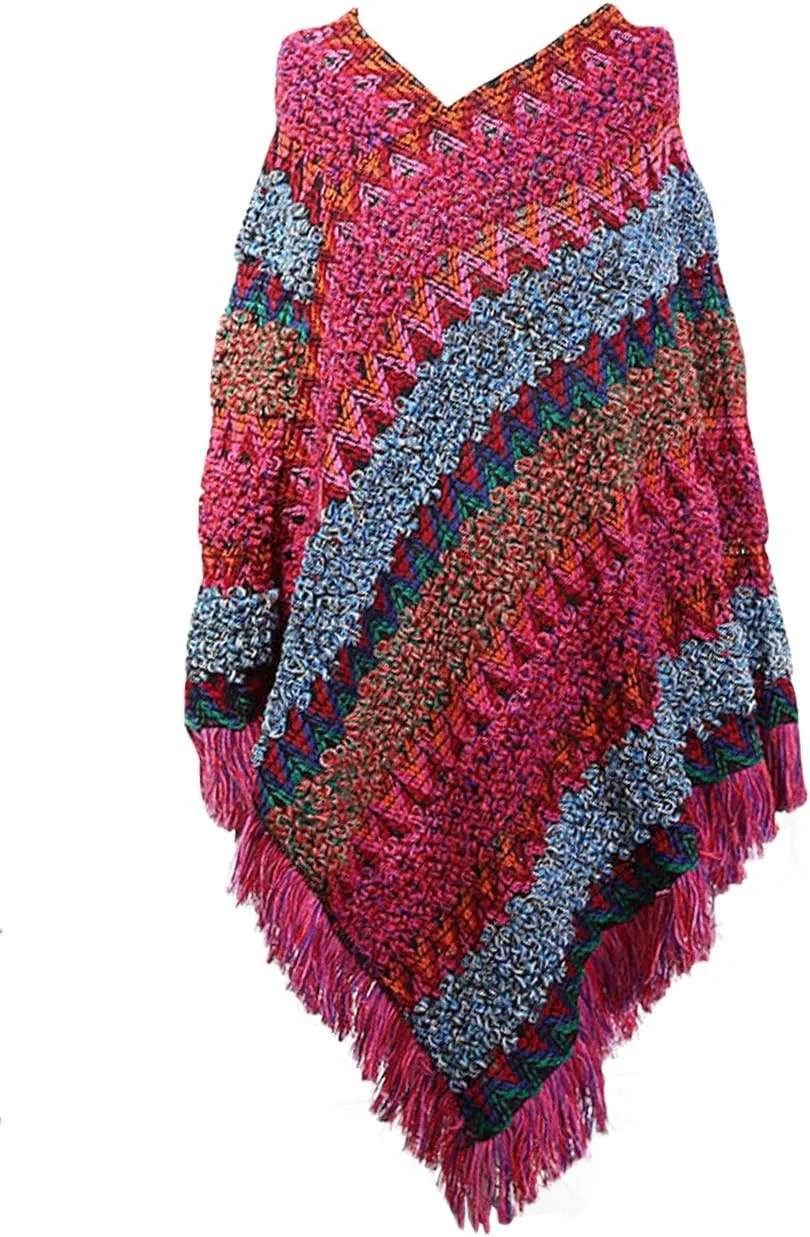 xxxiticat Women's Multi-Way Wearing Fringe Knitting Bohemian Cloak Sweaters Tassel Loose Stripe Jumpers Capes Coats