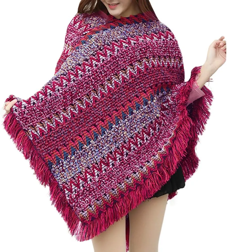 xxxiticat Women's Multi-Way Wearing Fringe Knitting Bohemian Cloak Sweaters Tassel Loose Stripe Jumpers Capes Coats