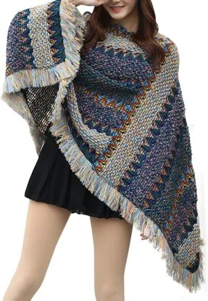 xxxiticat Women's Multi-Way Wearing Fringe Knitting Bohemian Cloak Sweaters Tassel Loose Stripe Jumpers Capes Coats