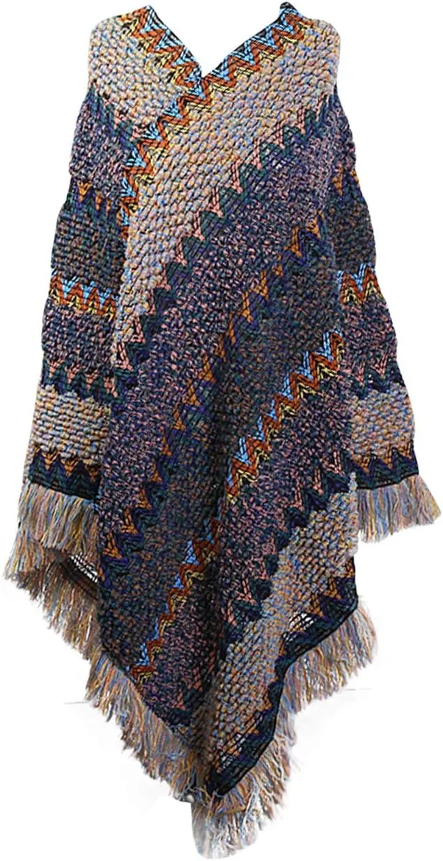 xxxiticat Women's Multi-Way Wearing Fringe Knitting Bohemian Cloak Sweaters Tassel Loose Stripe Jumpers Capes Coats