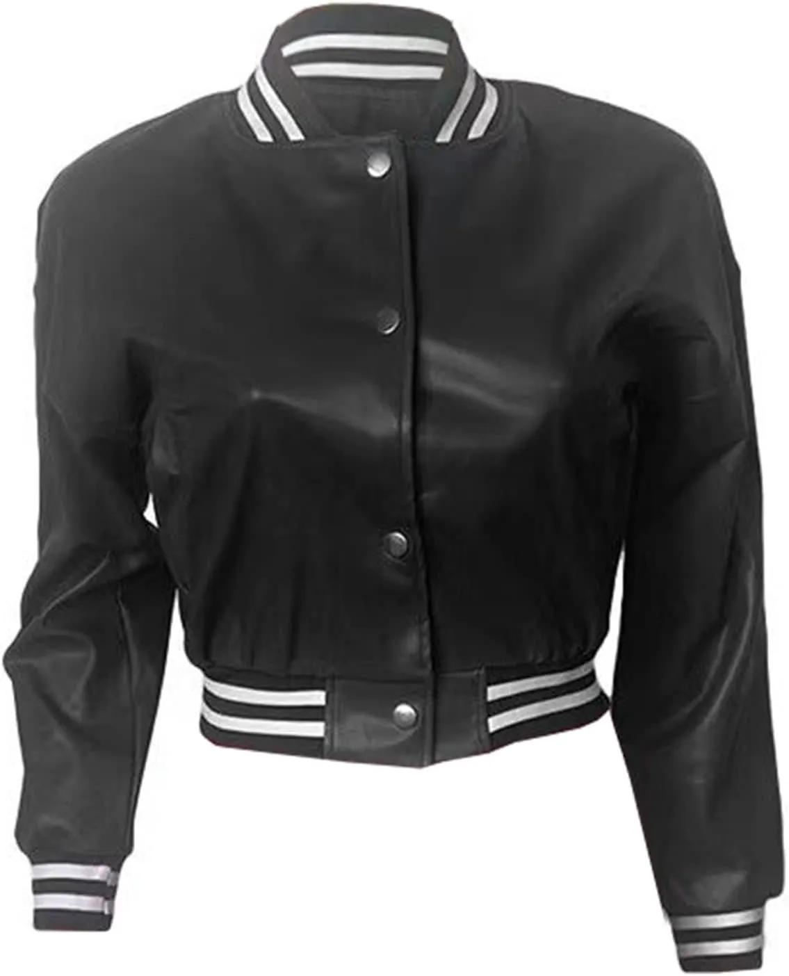 XZLUFNY Women Crop Faux Leather Varsity Baseball Bomber Jackets Button Up Full Sleeve Short Coat