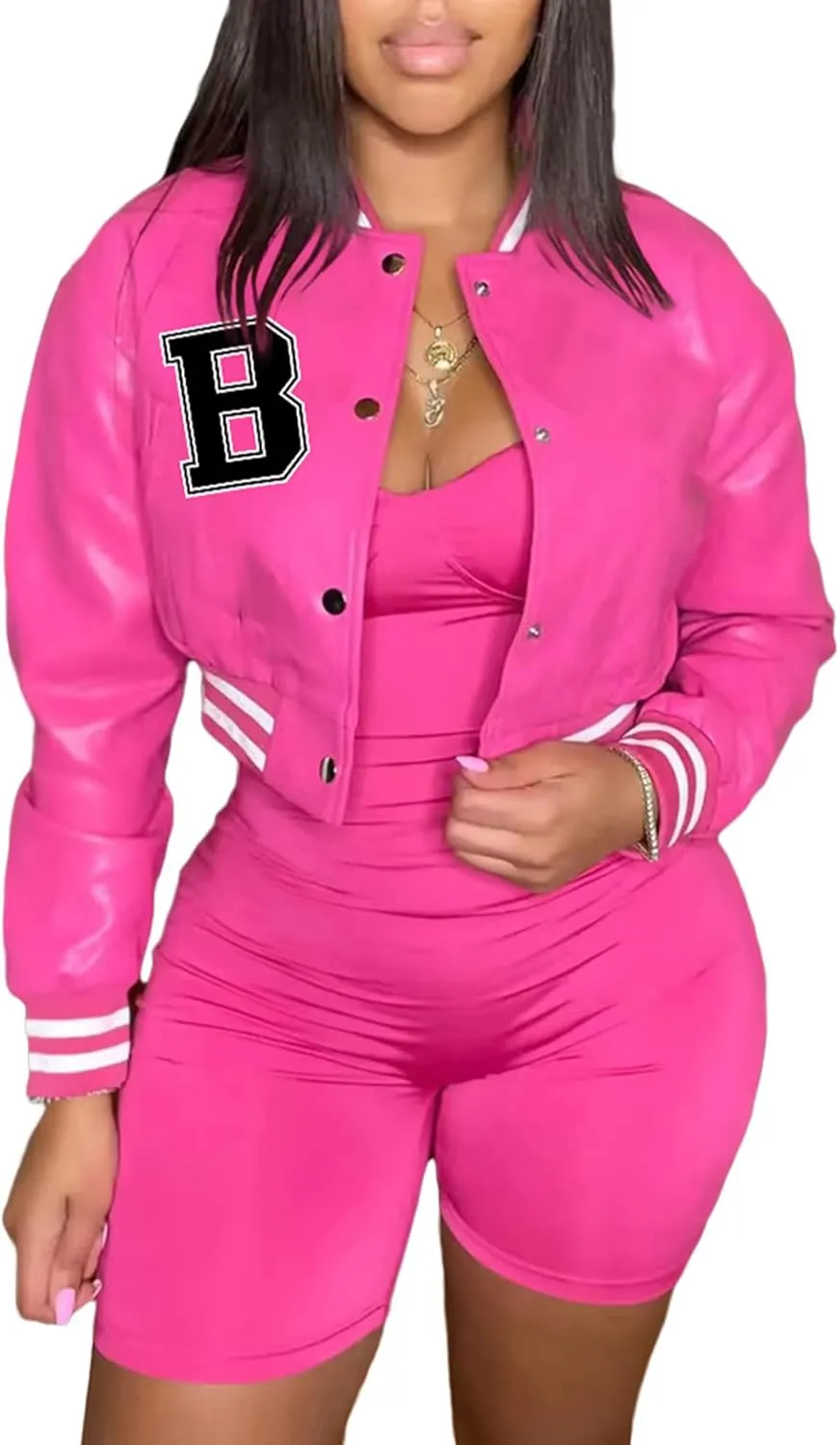 XZLUFNY Women Crop Faux Leather Varsity Baseball Bomber Jackets Button Up Full Sleeve Short Coat