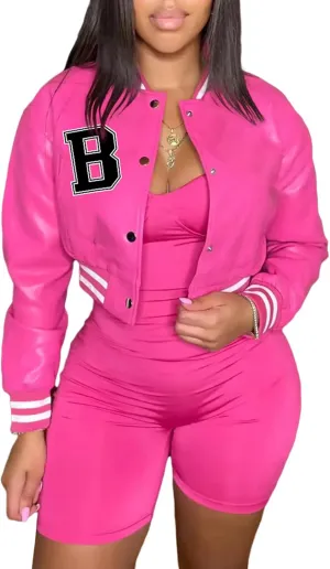 XZLUFNY Women Crop Faux Leather Varsity Baseball Bomber Jackets Button Up Full Sleeve Short Coat