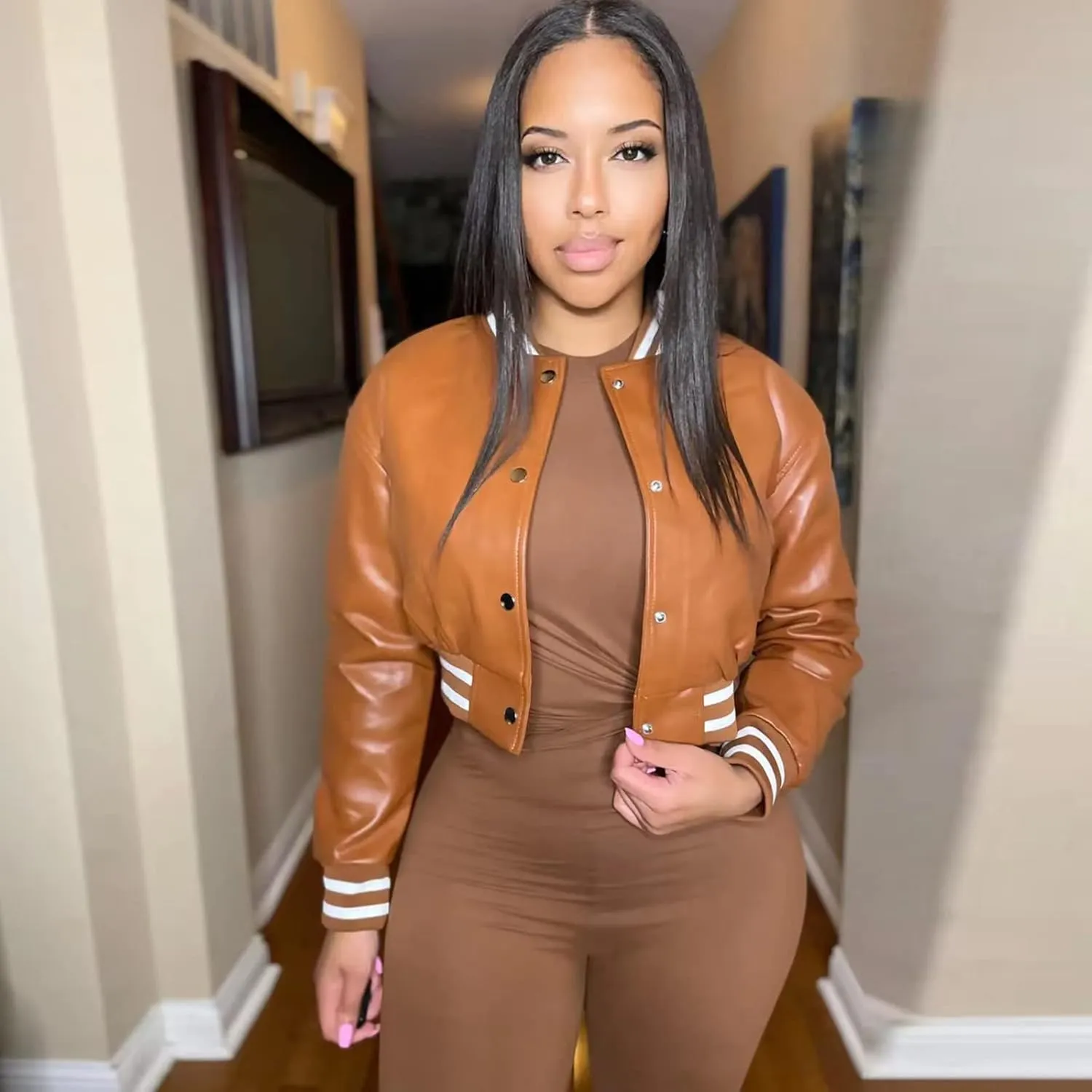 XZLUFNY Women Crop Faux Leather Varsity Baseball Bomber Jackets Button Up Full Sleeve Short Coat
