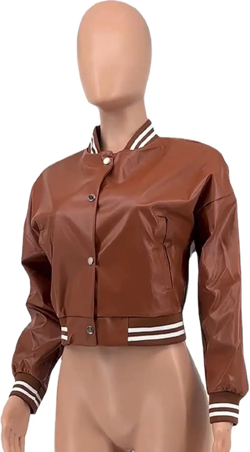 XZLUFNY Women Crop Faux Leather Varsity Baseball Bomber Jackets Button Up Full Sleeve Short Coat