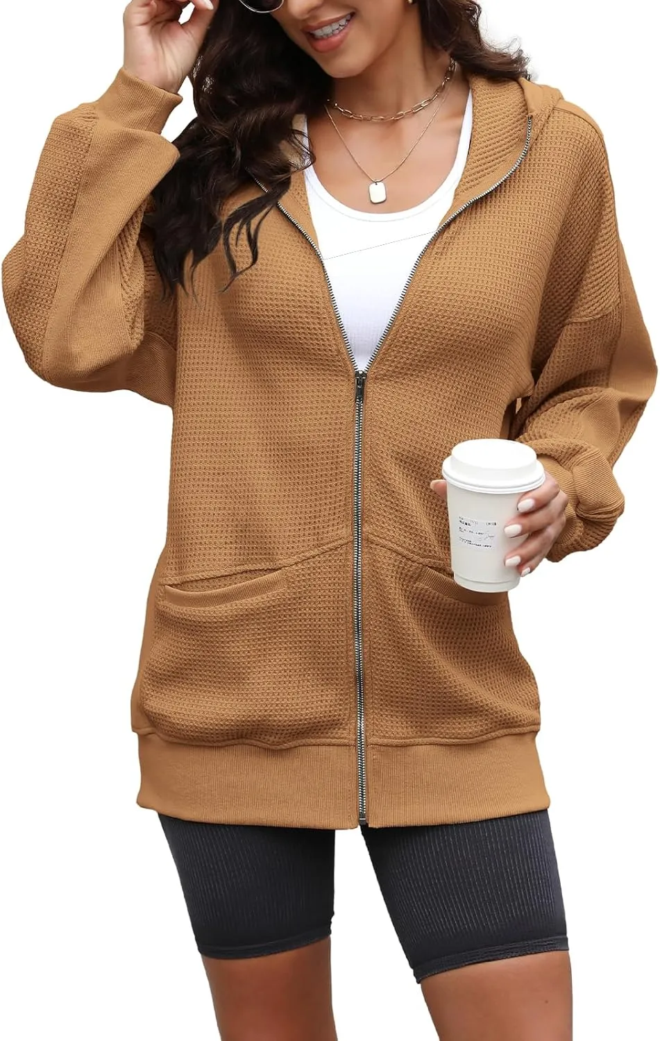 Yanekop Womens Oversized Fall Jackets Zip Up Hoodie Jacket Coat Waffle Knit Shacket Fall Outfits with Pocket