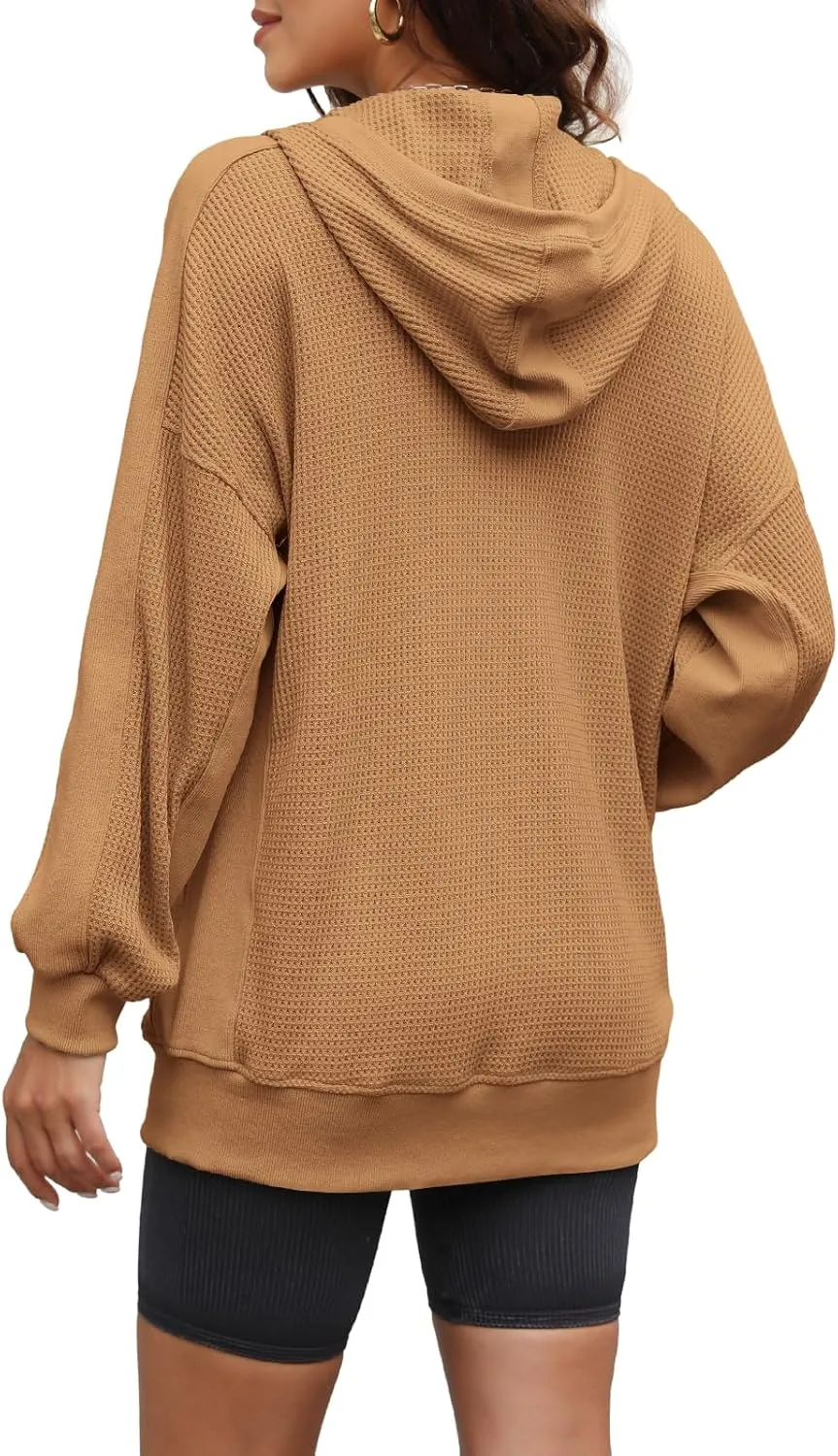 Yanekop Womens Oversized Fall Jackets Zip Up Hoodie Jacket Coat Waffle Knit Shacket Fall Outfits with Pocket