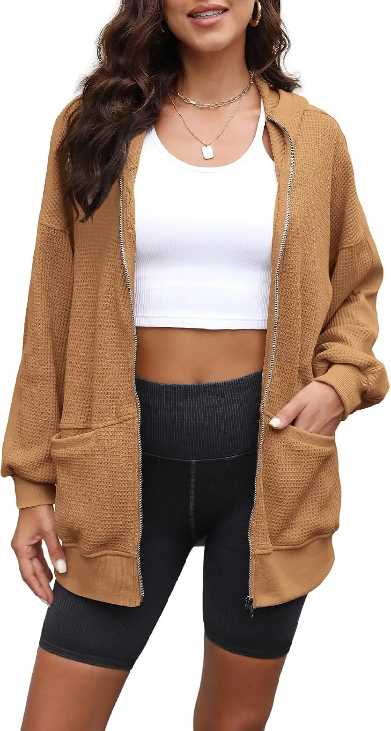 Yanekop Womens Oversized Fall Jackets Zip Up Hoodie Jacket Coat Waffle Knit Shacket Fall Outfits with Pocket