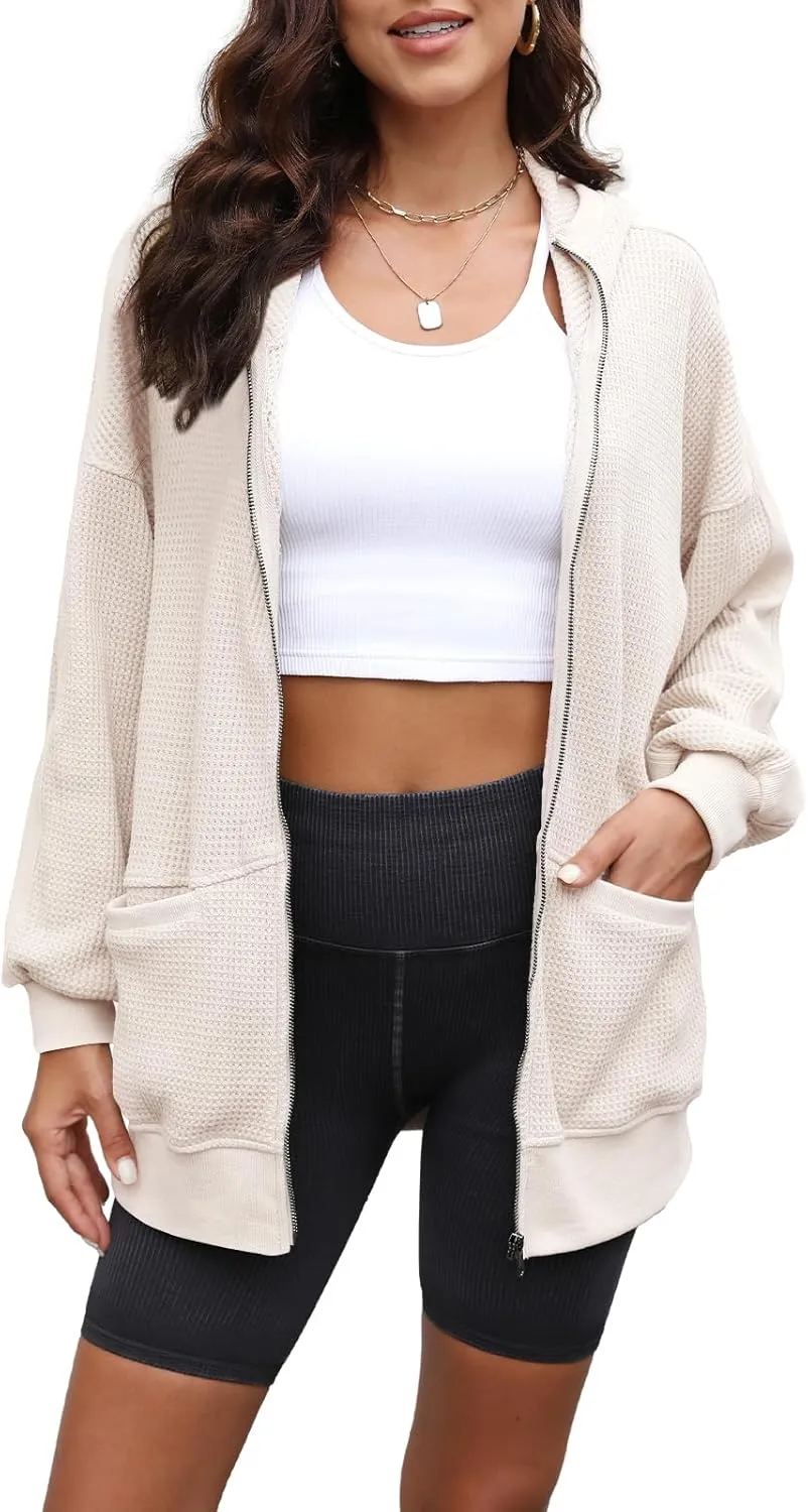 Yanekop Womens Oversized Fall Jackets Zip Up Hoodie Jacket Coat Waffle Knit Shacket Fall Outfits with Pocket